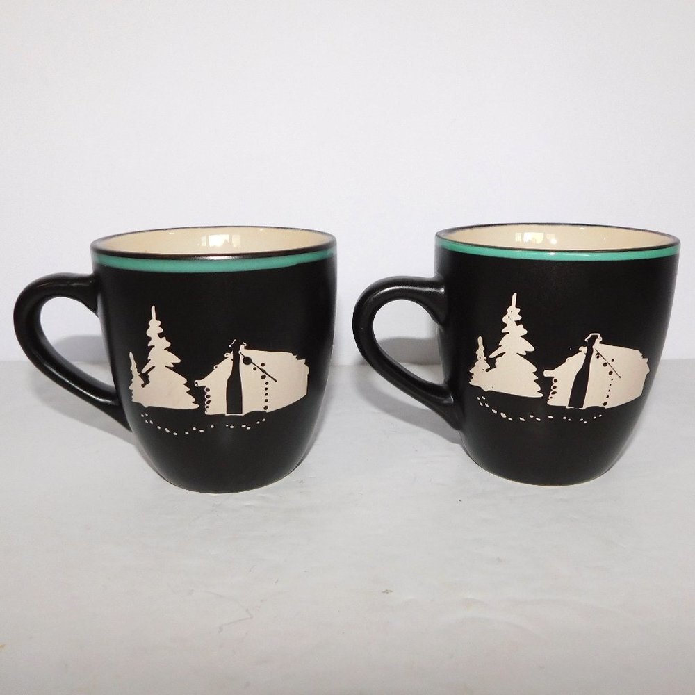 Set 2 Bass Pro Shops Coffee Mugs Brown Cream Teal stoneware Camping Tent Scene